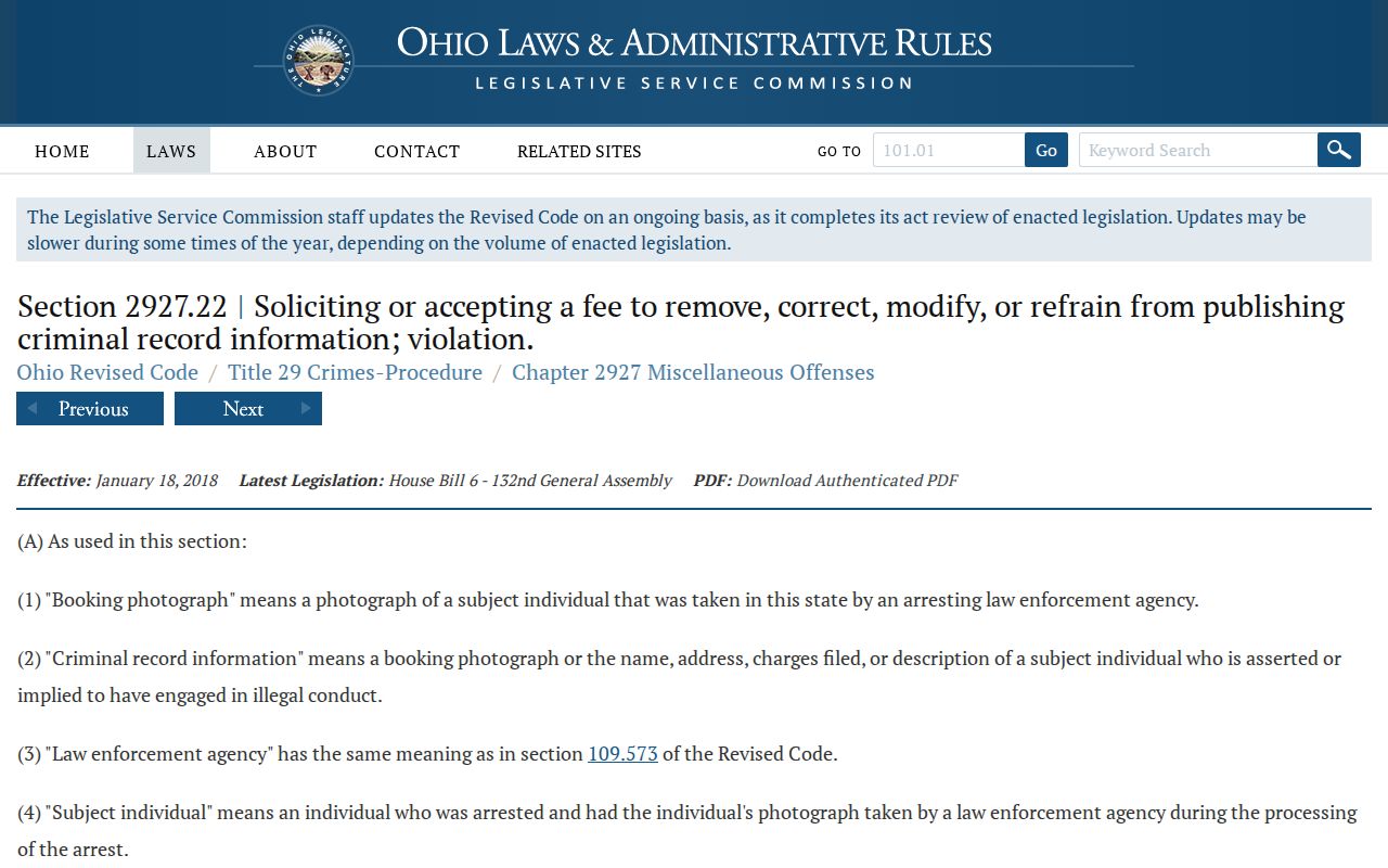 Ohio booking-photo law for Washington County arrest records