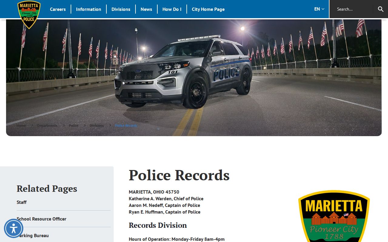 Marietta Police Department records page for Marietta arrest records