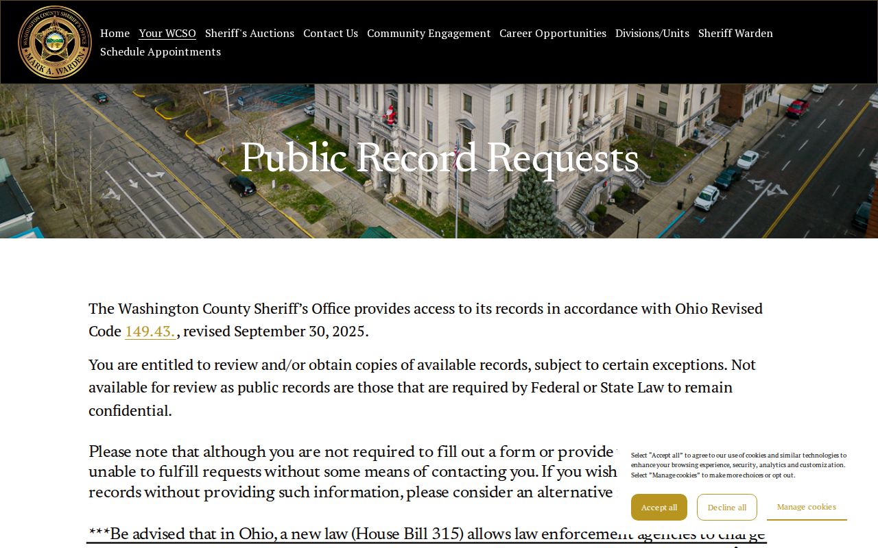 Washington County booking-record request page